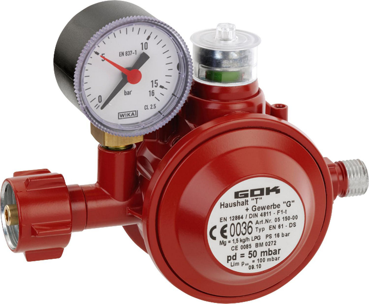 Niederdruckregler für Flüssiggasfl. KLF R1/4" 1,5kg/h 50mbar f.Flaschen bis 11kg/h mit Überdrucksich. Niederdruckregler für Flüssiggasfl. KLF R1/4" 1,5kg/h 50mbar f.Flaschen bis 11kg/h mit Überdrucksich.