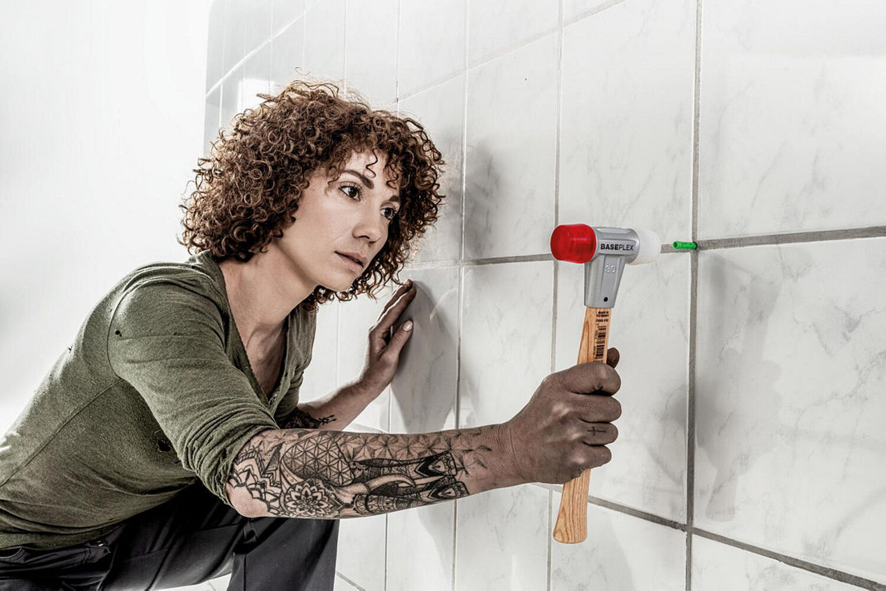 BASEPLEX-Schonhammer HALDER® mit Zinkdruckguss-Gehäuse und Holzstiel, Ø 30 mm, Nylon / Cellulosacetat