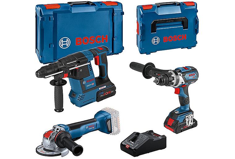 Akku-Set 18 V, 3-teilig best. aus Bohrschrauber, Kombihammer, Winkelschleifer, 1x 4,0 Ah, 1x 8,0 Ah Akkus und Ladegerät