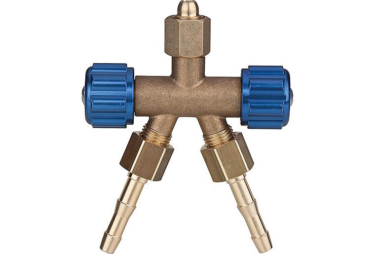 Verteiler für Sauerstoff Anschluss: 3 x G1/4" / LW 6 mit Kunststoffhandrad Verteiler für Sauerstoff Anschluss: 3 x G1/4" / LW 6 mit Kunststoffhandrad