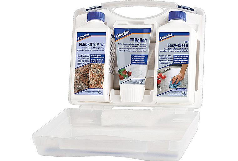 LITHOFIN Pflegeset für Arbeitsplatten aus poliertem Naturstein (3-teilig: Fleckstop >W<, MN Polish & MN Easy-Clean), 1 Set