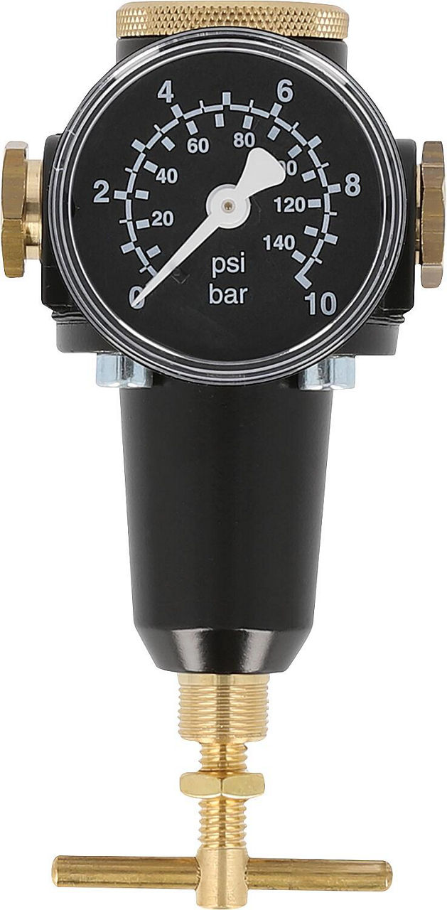 Druckluft-Druckregler G1/4 + G3/8 Regelbereich/Skala 0,5 - 6/10 Durchfluss 1.000 l/min Druckluft-Druckregler G1/4 + G3/8 Regelbereich/Skala 0,5 - 6/10 Durchfluss 1.000 l/min