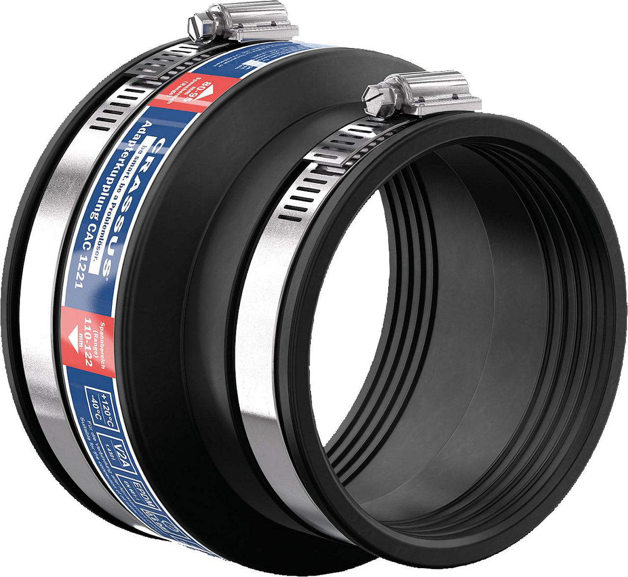 Adapterkupplung CAC 1221 Spannber. 110-122 x 80-95mm EPDM, PN 0,6 bar Adapterkupplung CAC 1221 Spannber. 110-122 x 80-95mm EPDM, PN 0,6 bar