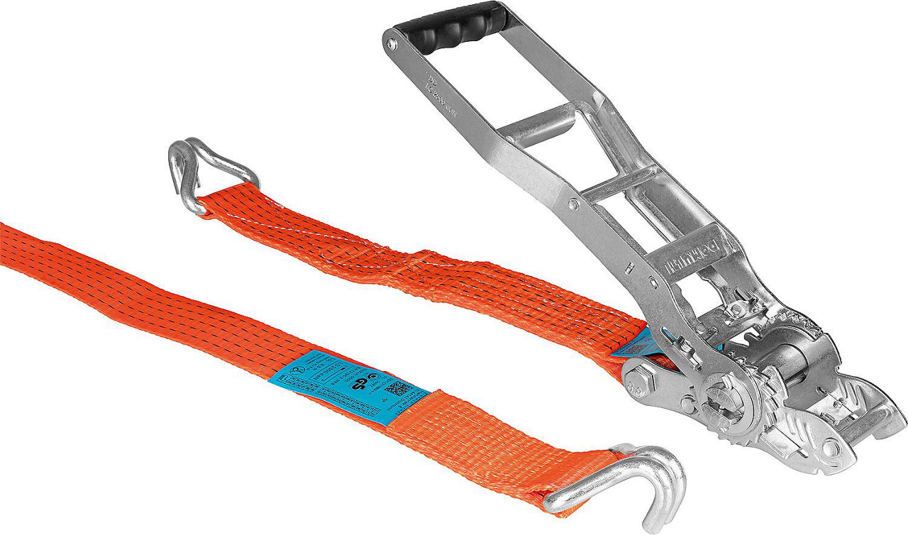 Verzurrgurt, zweiteilig DIN EN12195-2, Langhebel Orange, Gurt 50mm, Länge 10m Verzurrgurt, zweiteilig DIN EN12195-2, Langhebel Orange, Gurt 50mm, Länge 10m
