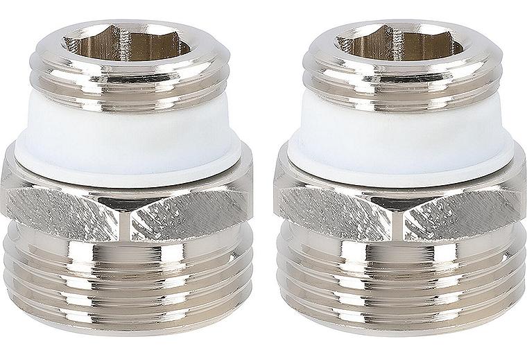 Übergangsnippel-Set Eurokonus DN20 (3/4") x DN15 (1/2") AG, messing vernickelt, selbstdichtend (2 Stück) Übergangsnippel-Set Eurokonus DN20 (3/4") x DN15 (1/2") AG, messing vernickelt, selbstdichtend (2 Stück)