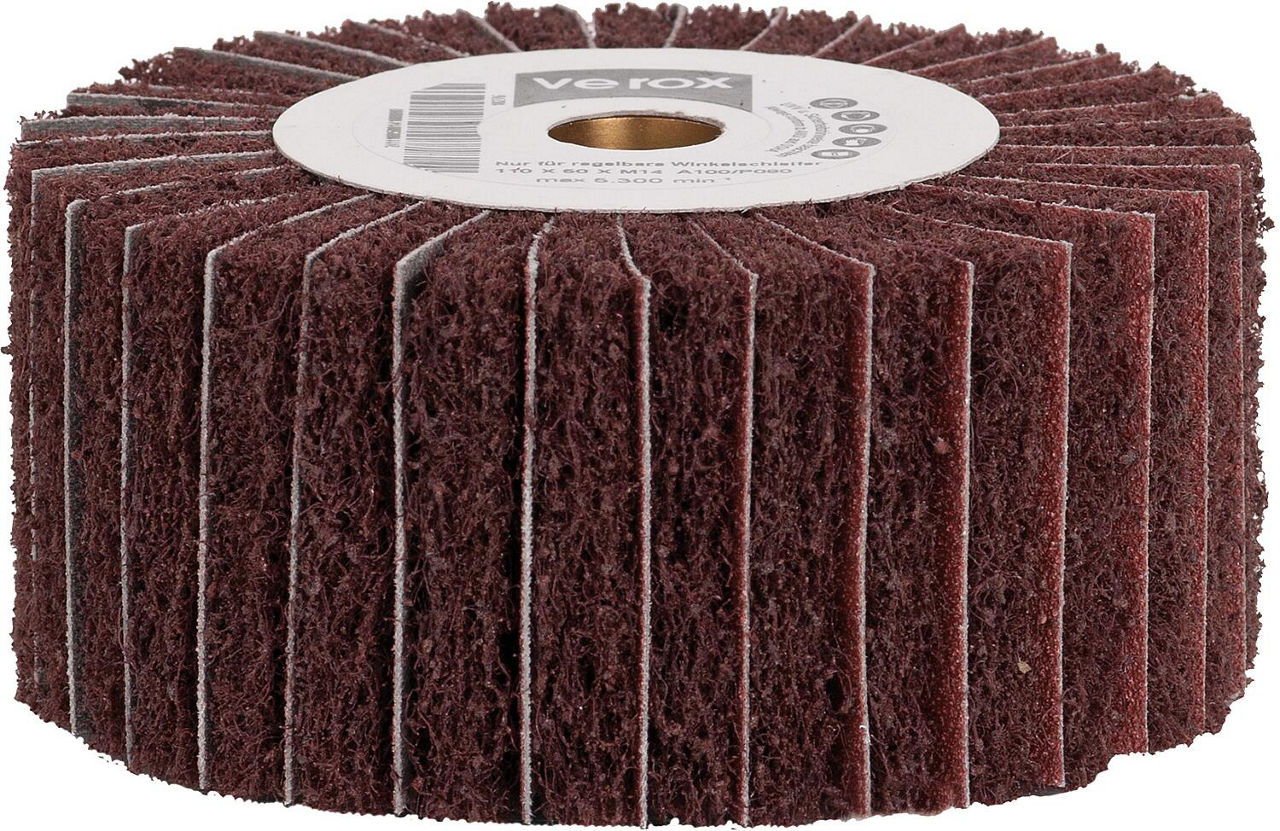 Vliesfächerwalze verox® komb. mit SL M 14 Innen-Gewinde 110x50xM14 Körnung Vliesfächerwalze verox® komb. mit SL M 14 Innen-Gewinde 110x50xM14 Körnung