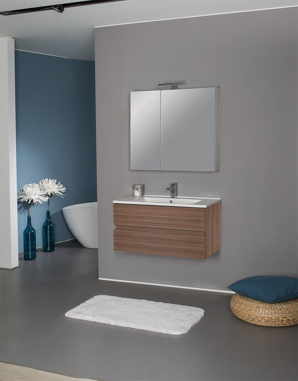 Badmöbel-Set EGAN Serie MAB, Olmo Tabacco, 2 Auszüge, Breite 853mm