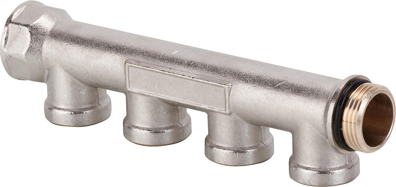 Verteiler 4-Fach DN 25 (1") x IG DN 15 (1/2"), Messing vernickelt Verteiler 4-Fach DN 25 (1") x IG DN 15 (1/2"), Messing vernickelt