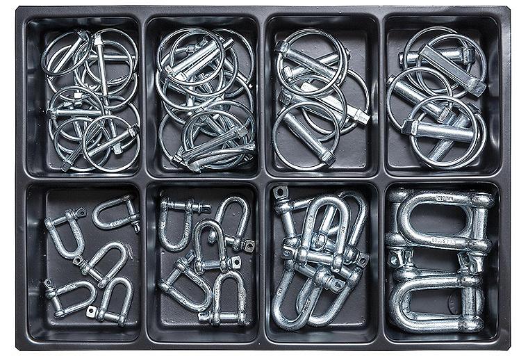 Sortimentenkoffer Klappsplinte und Schäkel,gerade Form mit Kragenbolzen,verz.