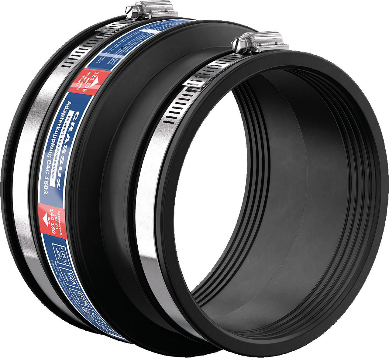 Adapterkupplung CAC 1603 Spannber. 144-160 x 121-136mm EPDM, PN 0,6 bar Adapterkupplung CAC 1603 Spannber. 144-160 x 121-136mm EPDM, PN 0,6 bar