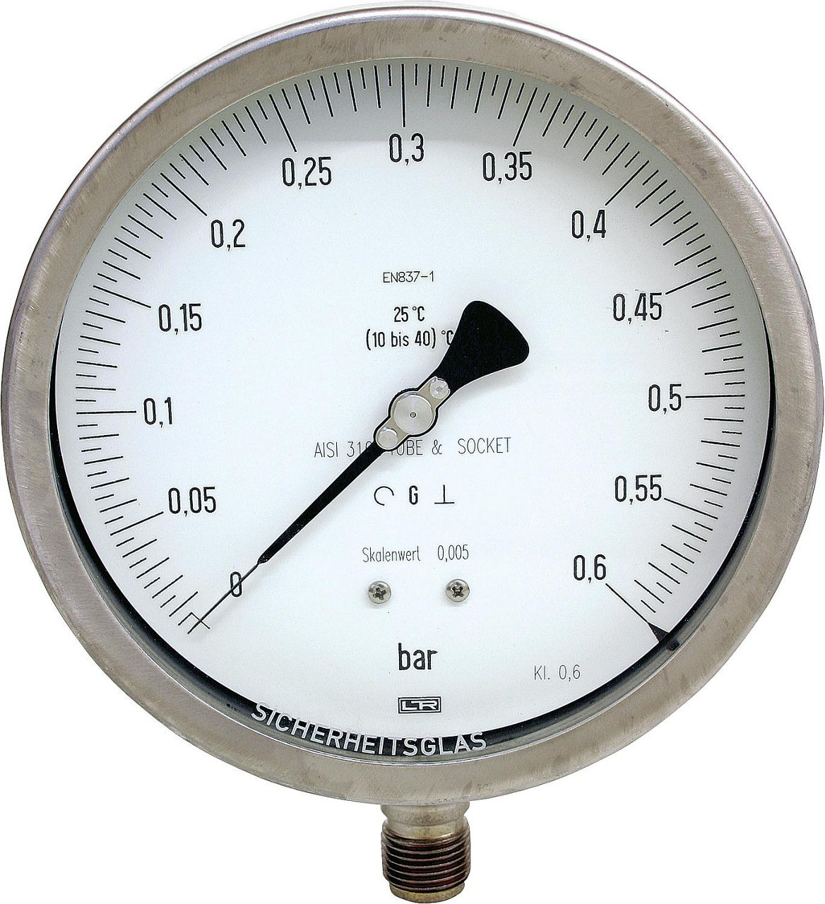 Feinmess-Manometer DN 15 (1/2") radial, 0-1 bar, Ø 160 mm, Klasse 0,6 Feinmess-Manometer DN 15 (1/2") radial, 0-1 bar, Ø 160 mm, Klasse 0,6