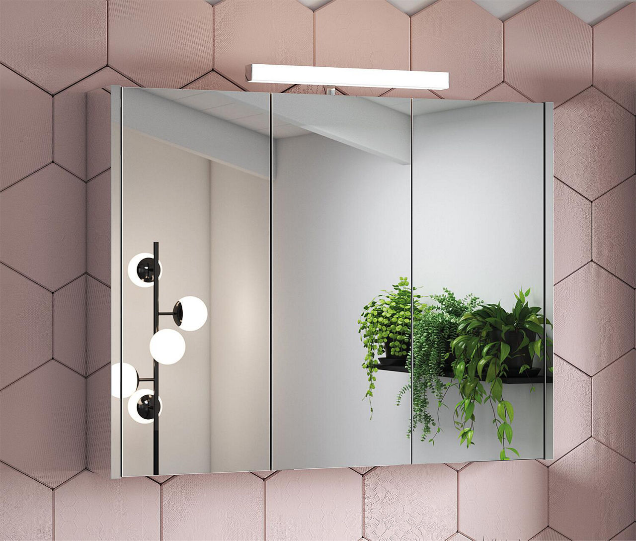 Spiegelschrank Vikja mit LED -Beleuchtung, 3 Türe, seitlich verspiegelt 900x700x155 mm Spiegelschrank Vikja mit LED -Beleuchtung, 3 Türe, seitlich verspiegelt 900x700x155 mm