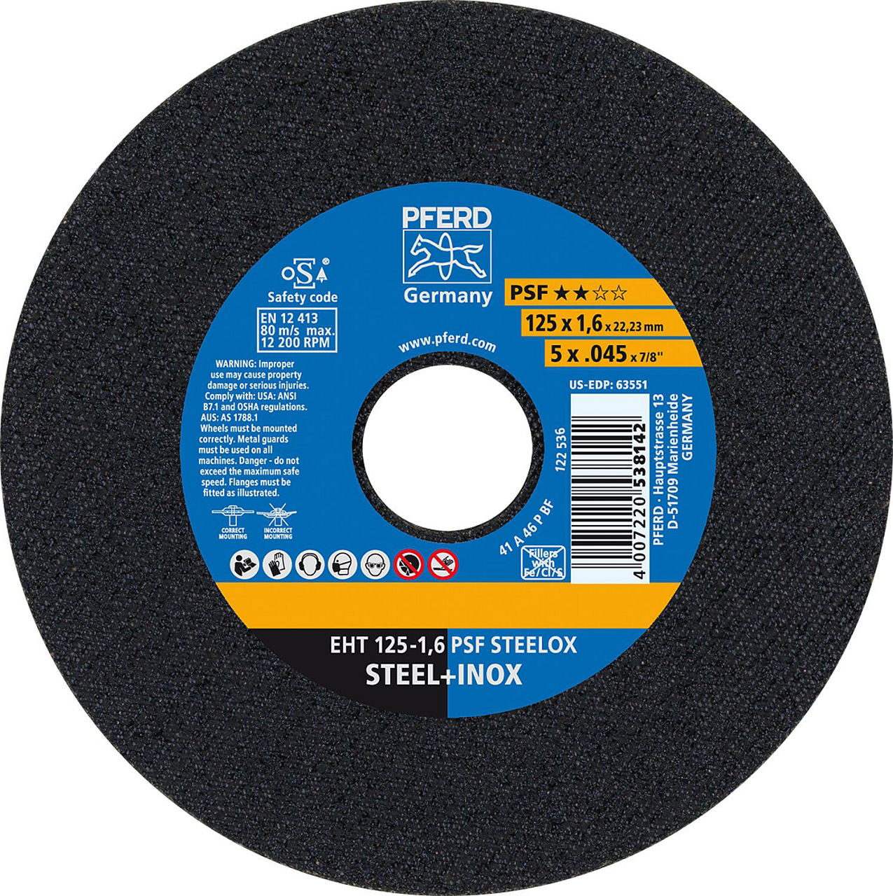 Trennscheibe PFERD Ø 125 x 1,6 x 22,23mm, gerade für Stahl, Edelstahl Trennscheibe PFERD Ø 125 x 1,6 x 22,23mm, gerade für Stahl, Edelstahl
