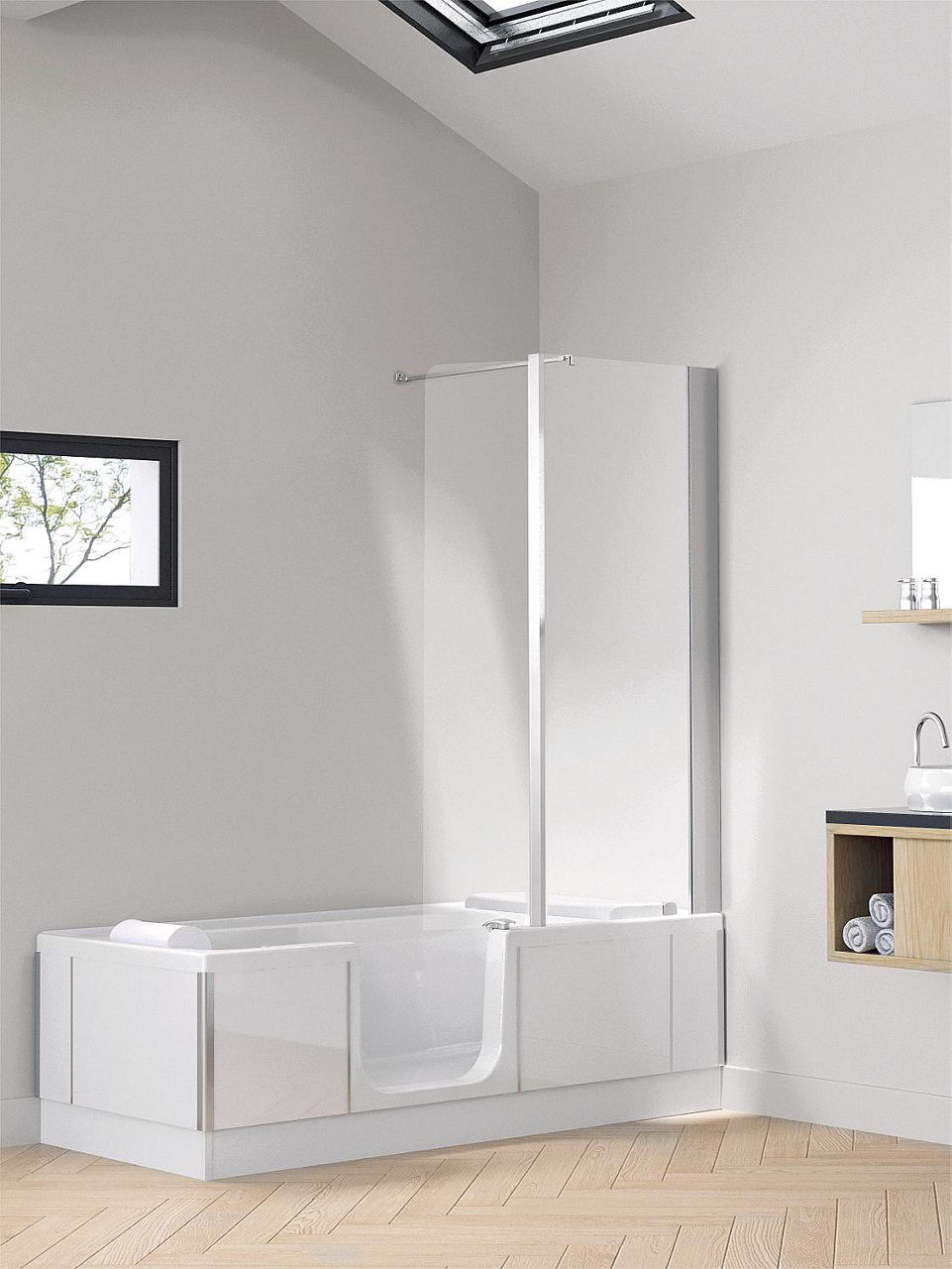 Badewanne Duo-Eck mit Duschbereich, re.,Glasverkl. schwarz, BxHxT:1600x590x750mm