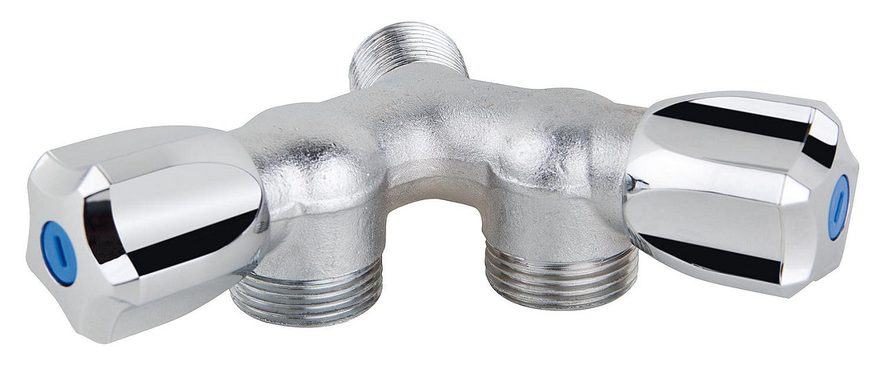 Doppel Y-Waschmaschinenhahn verchr. sandgestr., 3/4"x1/2"x3/4" AG 2 Zapfstellen m. Rückflussverh.