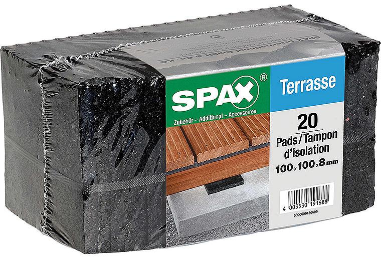 Terrassenpads SPAX zum Schutz der Holzunterkonstruktion Maße: 100x100x8mm, 1 Bündel mit 20 Stück Terrassenpads SPAX zum Schutz der Holzunterkonstruktion Maße: 100x100x8mm, 1 Bündel mit 20 Stück