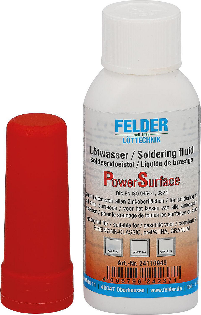 Lötwasser für Titanzinkbleche "PowerSurface", 100 gr mit Pinselaufsatz, nachfüllbar Lötwasser für Titanzinkbleche "PowerSurface", 100 gr mit Pinselaufsatz, nachfüllbar