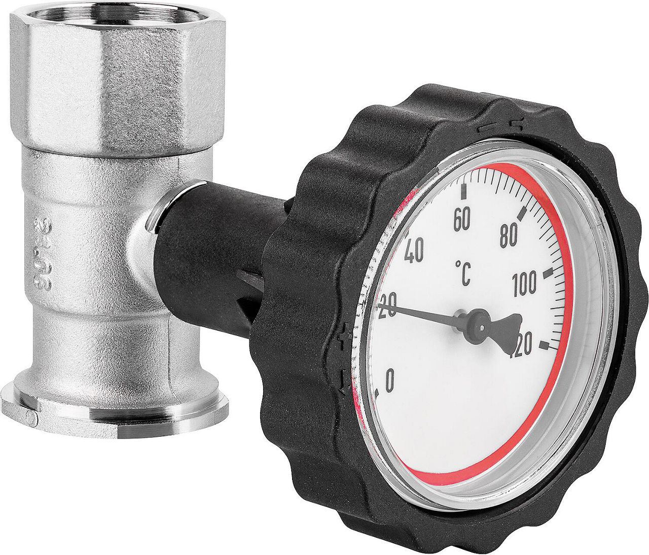 VL-Pumpenflanschkugelhahn 1" mit Thermometerhandgriff rot vernickelt VL-Pumpenflanschkugelhahn 1" mit Thermometerhandgriff rot vernickelt