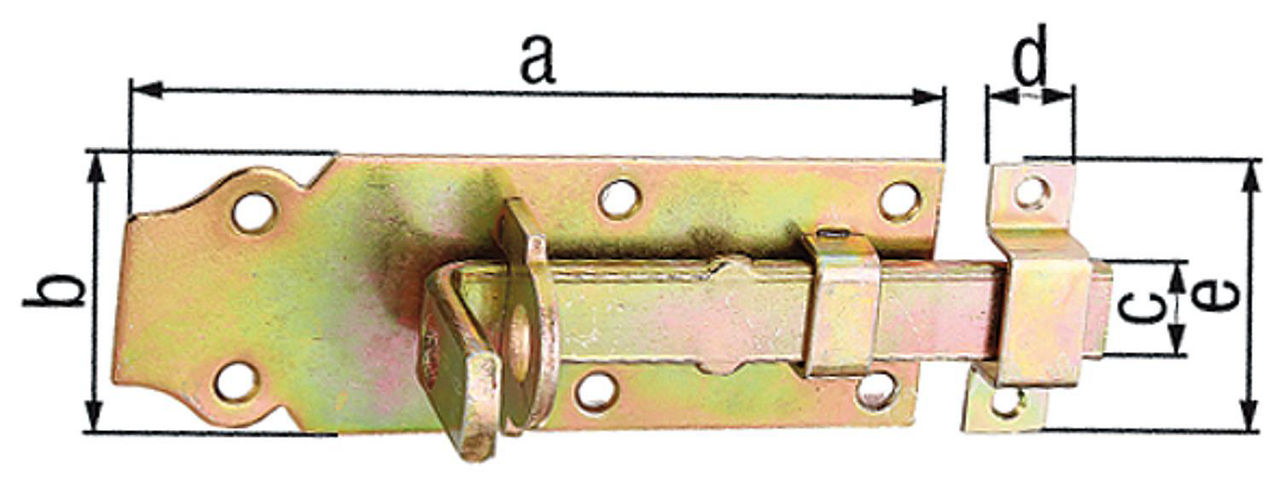 Schlossriegel gerade,mit befestigter Schlaufe, 120x45 mm, gelb verzinkt Schlossriegel gerade,mit befestigter Schlaufe, 120x45 mm, gelb verzinkt