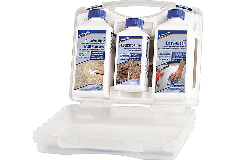 LITHOFIN Pflegeset 1 für alle Arbeitsplatten aus Naturstein (3-teilig: MN Grundreiniger, Fleckstop >W< & MN Easy-Clean), 1 Set