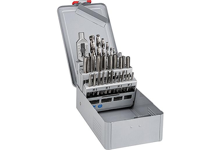 Handgewindebohrersatz 15 teilig, mit Gewindebohrern M 3 - M 12 mit Spiralbohrer in Stahlblechkassette Handgewindebohrersatz 15 teilig, mit Gewindebohrern M 3 - M 12 mit Spiralbohrer in Stahlblechkassette
