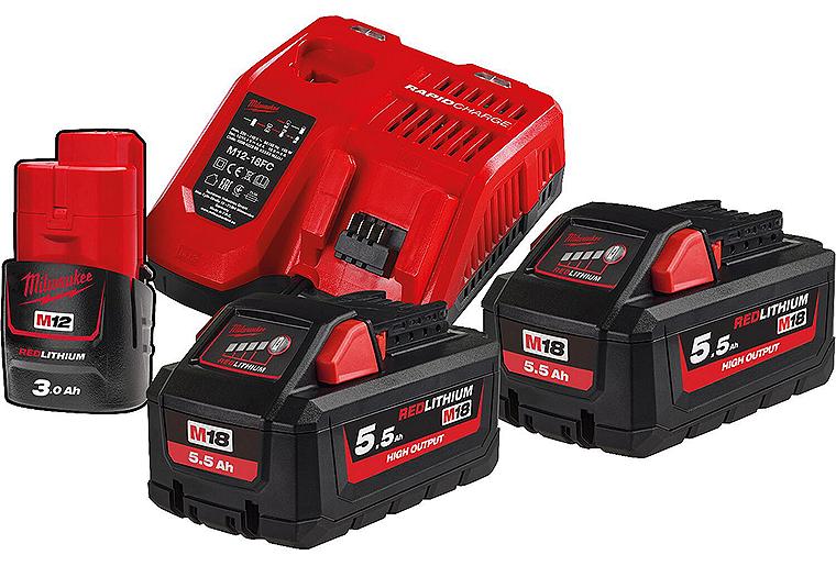 Akku-Set Milwaukee M18HNRG-552, 12 V, 1 x 3,0 Ah und 18 V, 2 x 5,5 Ah Akkus und 1 x Ladegerät