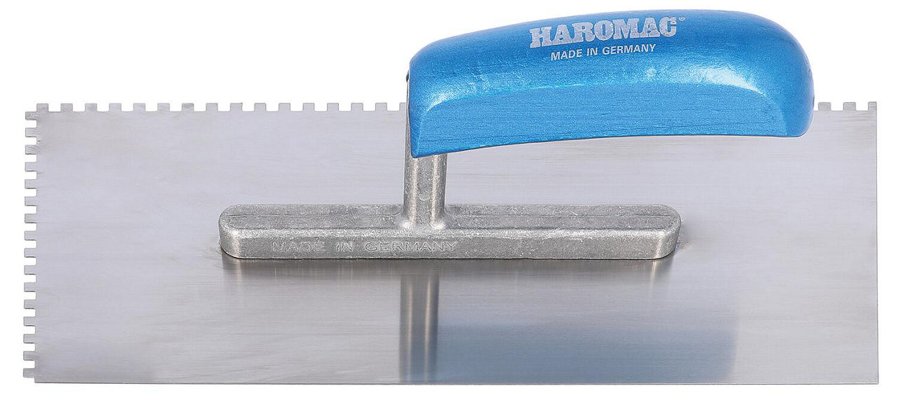 Glättekelle HAROMAC 4x4 gezahnt 280mm Stahl, gehärtet blaues Heft
