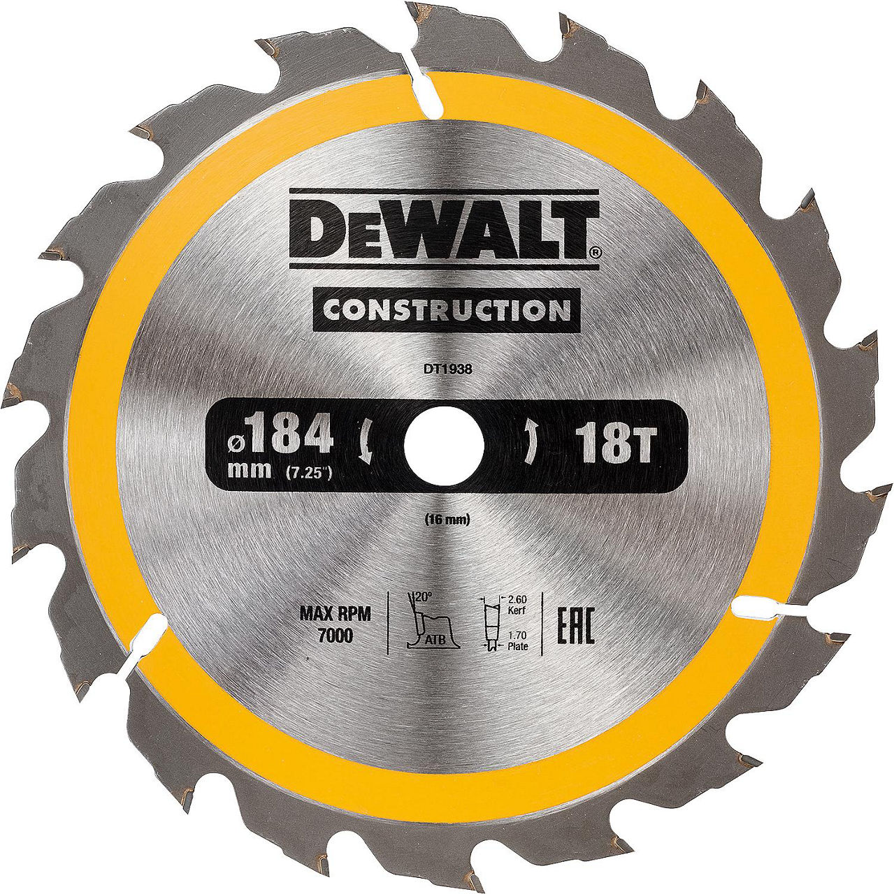 Kreissägeblatt DeWALT Construction Ø 184x16x2,6mm mit 18 Zähnen Kreissägeblatt DeWALT Construction Ø 184x16x2,6mm mit 18 Zähnen