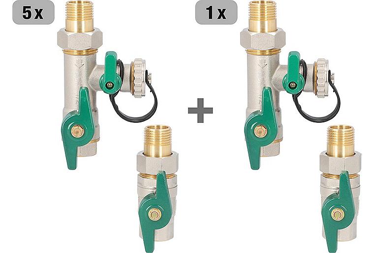 Vorteilspaket 5x + 1x gratis Anschluss-Set mit Spüleinrichtung für Zirkulationspumpen DN15 (1/2") Vorteilspaket 5x + 1x gratis Anschluss-Set mit Spüleinrichtung für Zirkulationspumpen DN15 (1/2")