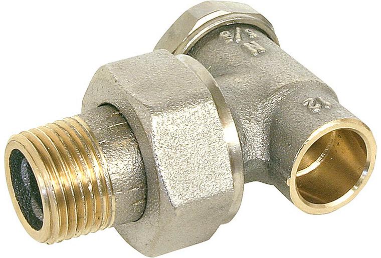 Rücklaufverschraubung DN15 (1/2") x 15mm Lötanschluss, Eckausführung Rücklaufverschraubung DN15 (1/2") x 15mm Lötanschluss, Eckausführung