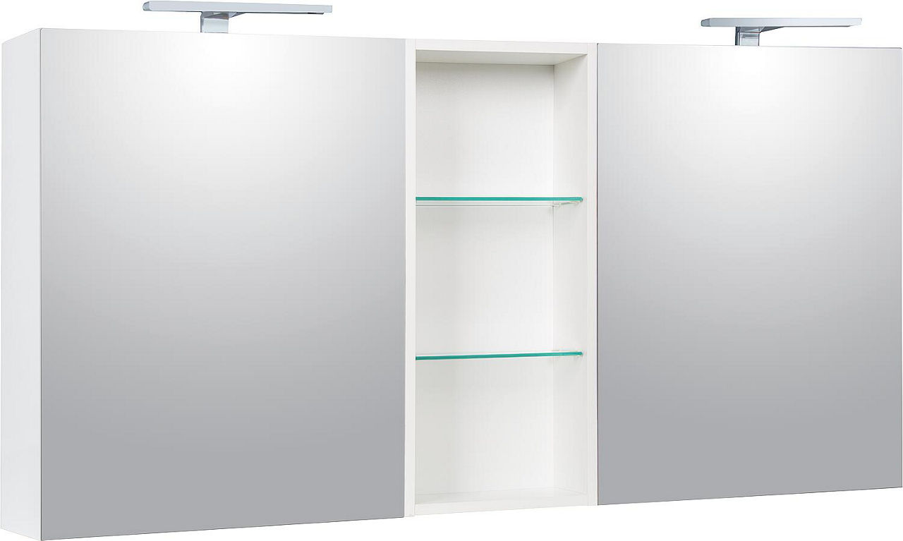 Spiegelschrank Lossa mit LED-Aufsatzleuchten weiß matt mit offenem Oberschrank Breite 1550mm Spiegelschrank Lossa mit LED-Aufsatzleuchten weiß matt mit offenem Oberschrank Breite 1550mm