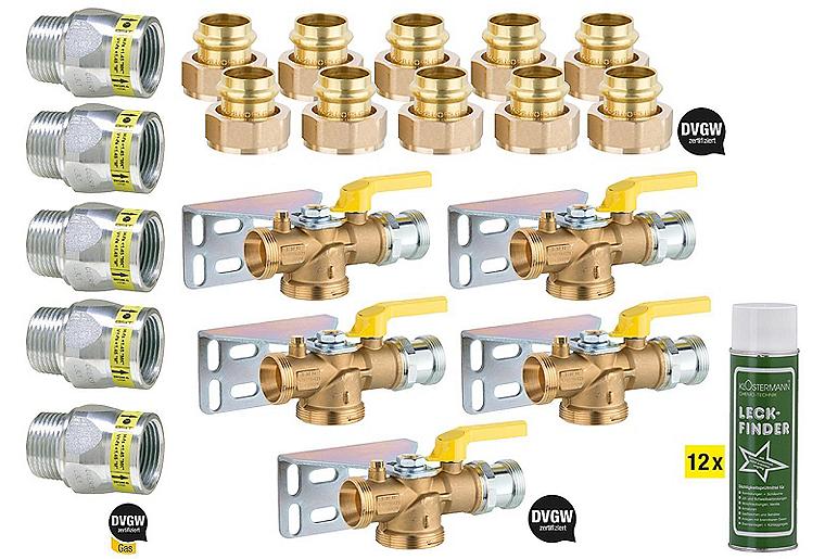 Gasinstallationspaket mit Ström- ungswächter, Verschraub., Kugel- hahn + Gratis Gas-Lecksuchspray Gasinstallationspaket mit Ström- ungswächter, Verschraub., Kugel- hahn + Gratis Gas-Lecksuchspray