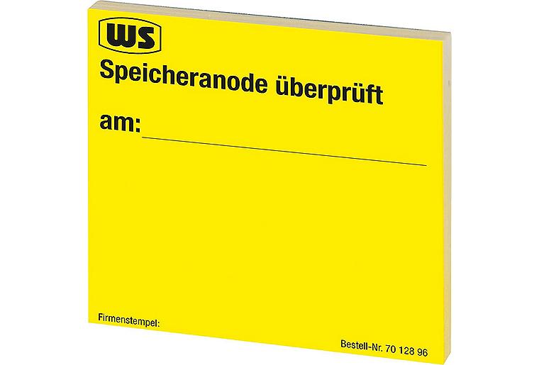 Wartungsaufkleber "Speicheranode geprüft" 1 Block à 50 Stk. gelb Wartungsaufkleber "Speicheranode geprüft" 1 Block à 50 Stk. gelb