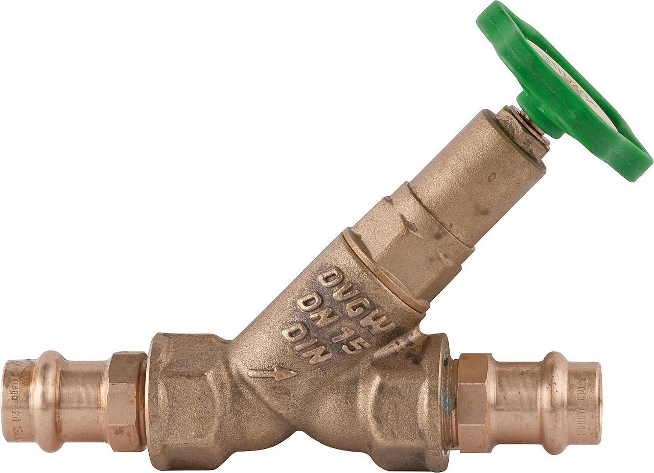 Freistromventil ohne Entleerung, nichtsteigende Spindel 1528 DN 20, 18 mm Pressanschluss V-Kontur Freistromventil ohne Entleerung, nichtsteigende Spindel 1528 DN 20, 18 mm Pressanschluss V-Kontur