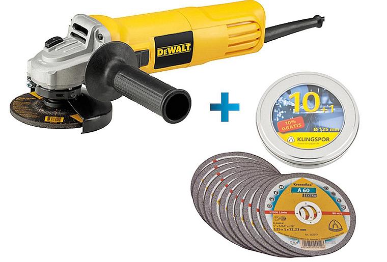 Winkelschleifer DeWALT mit 950 W DWE4117, Ø 125mm und 11x Trennscheiben, Ø 125mm Winkelschleifer DeWALT mit 950 W DWE4117, Ø 125mm und 11x Trennscheiben, Ø 125mm