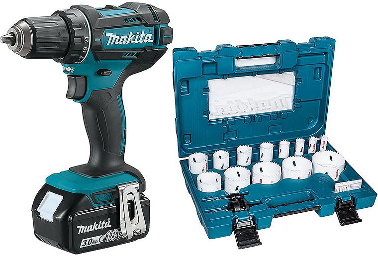 Akku-Bohrschrauber Makita 18 V DDF482RFJ mit 2x 3,0 Ah Akkus und Ladegerät mit Lochsägen-Set