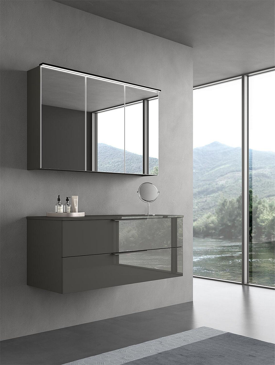 Badmöbel-Set LOSSA mit LED-Spiegelschrank anthrazit Hochglanz 2 Auszüge, 1 Siphonausschnitt ohne WT Breite 1200 mm