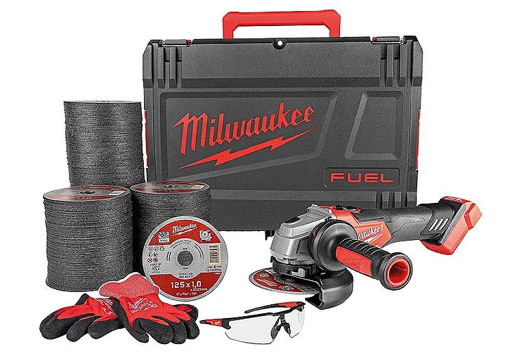Aktions-Set Akku-Winkelschleifer Milwaukee mit 400 Trennscheiben, Schutzbrille und Handschuhe Aktions-Set Akku-Winkelschleifer Milwaukee mit 400 Trennscheiben, Schutzbrille und Handschuhe