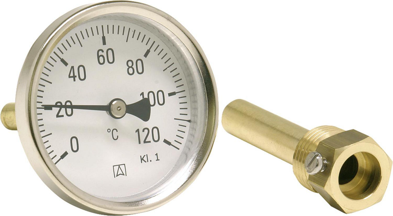 Bimetall-Industriethermometer G 1/2 axial, Kl. 1, 0/120°C BiTh 100 Bimetall-Industriethermometer G 1/2 axial, Kl. 1, 0/120°C BiTh 100