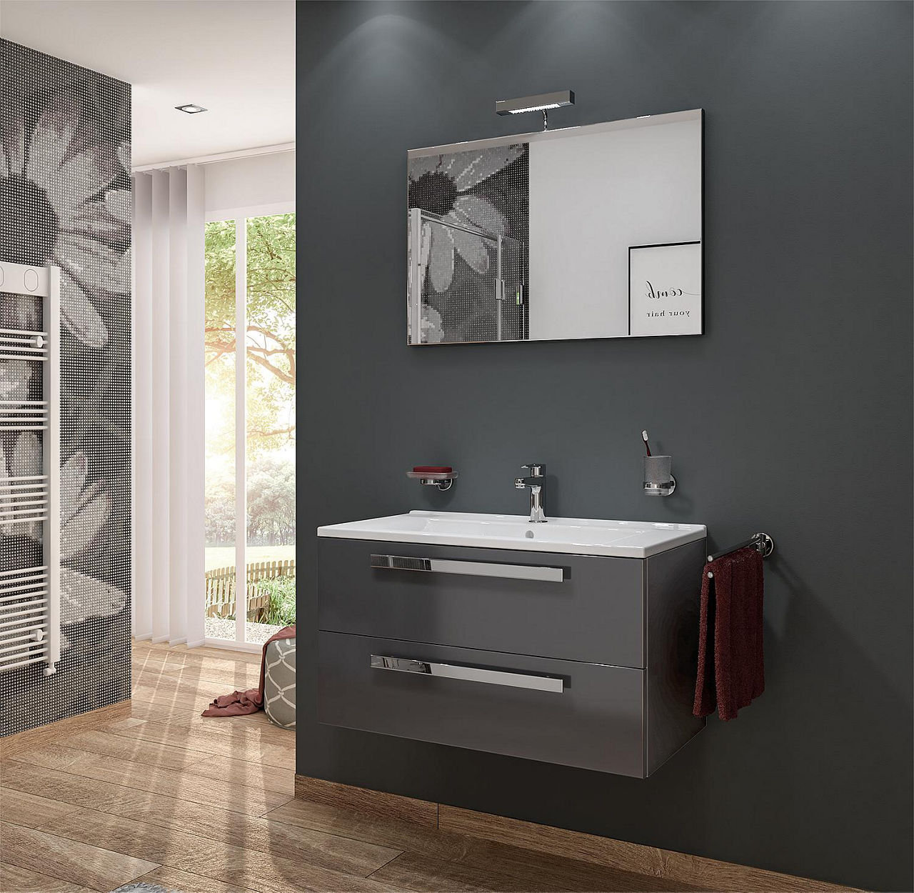 Badmöbel-Set EDIA Serie MAB anthrazit Hochglanz, 2 Auszüge Breite 853 mm