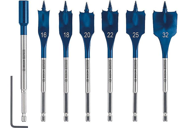 Flachfräsbohrer BOSCH 7-teilig Expert SELFCUT Ø 16/18/20/22/25/32mm, Länge 152 mm mit 1/4" Sechskantaufnahme Flachfräsbohrer BOSCH 7-teilig Expert SELFCUT Ø 16/18/20/22/25/32mm, Länge 152 mm mit 1/4" Sechskantaufnahme