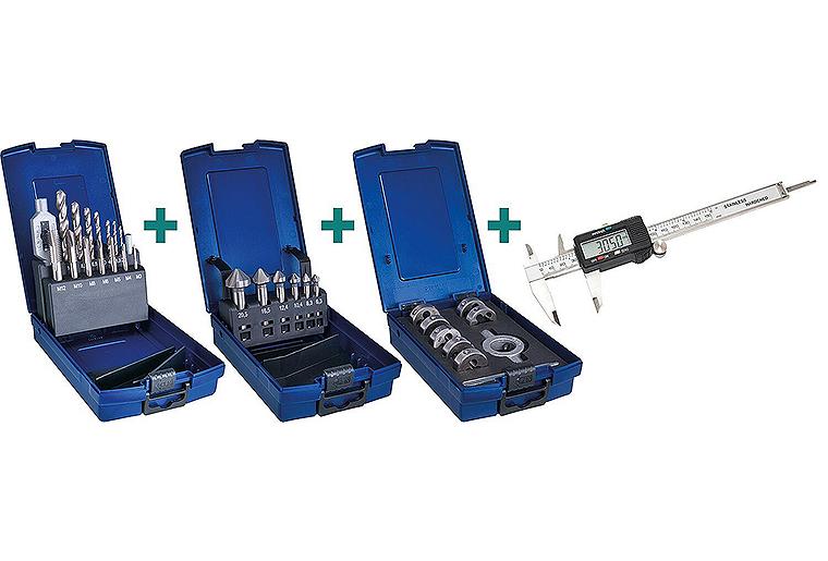 Gewinde-Schneideisen-Senker-Set 3-teilig inkl. Messschieber digital Gewinde-Schneideisen-Senker-Set 3-teilig inkl. Messschieber digital