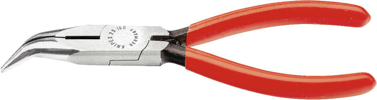 Flachrundzange mit Schneide poliert Kunststoff überzogen 40° gewinkelte Backen Länge 160mm Flachrundzange mit Schneide poliert Kunststoff überzogen 40° gewinkelte Backen Länge 160mm