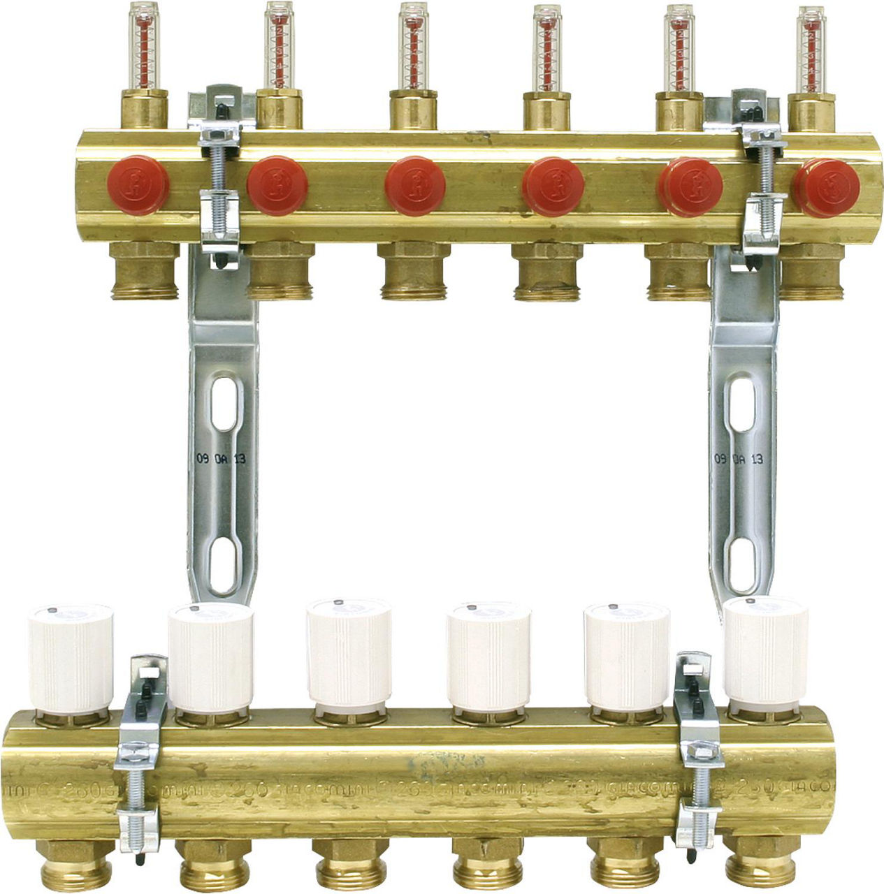 Heizkreisverteiler Messing 1" Durchflussmesser 0,5 - 5 l/min für 9 Gruppen, 3/4" Eurokonus Heizkreisverteiler Messing 1" Durchflussmesser 0,5 - 5 l/min für 9 Gruppen, 3/4" Eurokonus