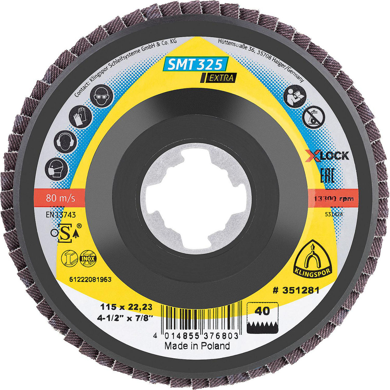 Lamellenschleifteller KLINGSPOR SMT 325 EXTRA X-LOCK 115 x 22,23 mm, Korn 80 gerade