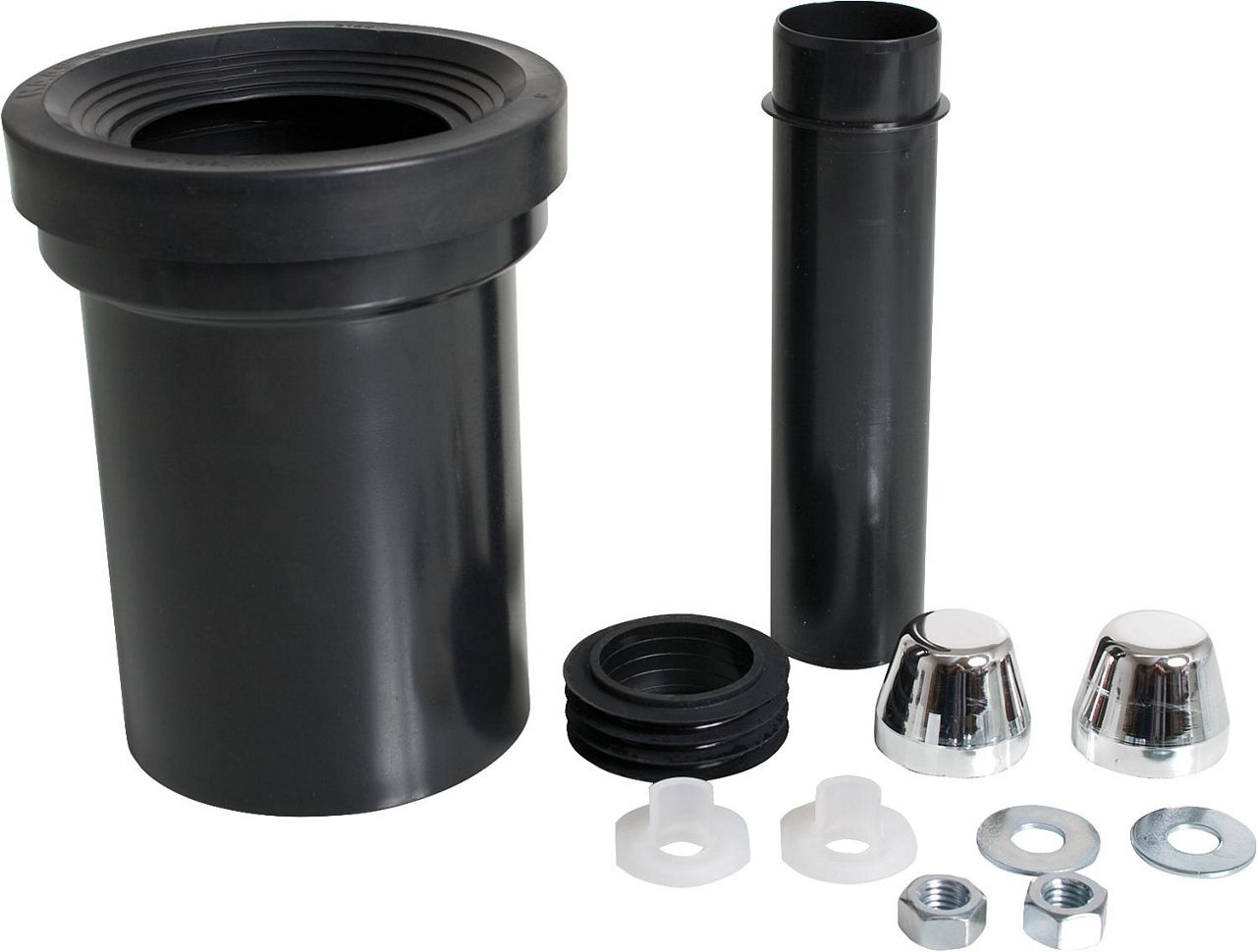 WC-Anschlussgarnitur mit Abflussrohr 90 mm mit weißen Kappen WC-Anschlussgarnitur mit Abflussrohr 90 mm mit weißen Kappen