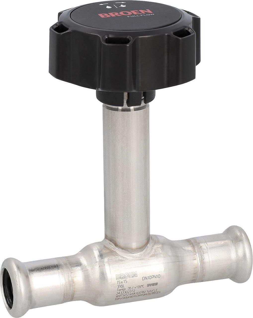 Edelstahl-Presskugelhahn Ø15x15 lange Spindel, Rundgriff Edelstahl-Presskugelhahn Ø15x15 lange Spindel, Rundgriff