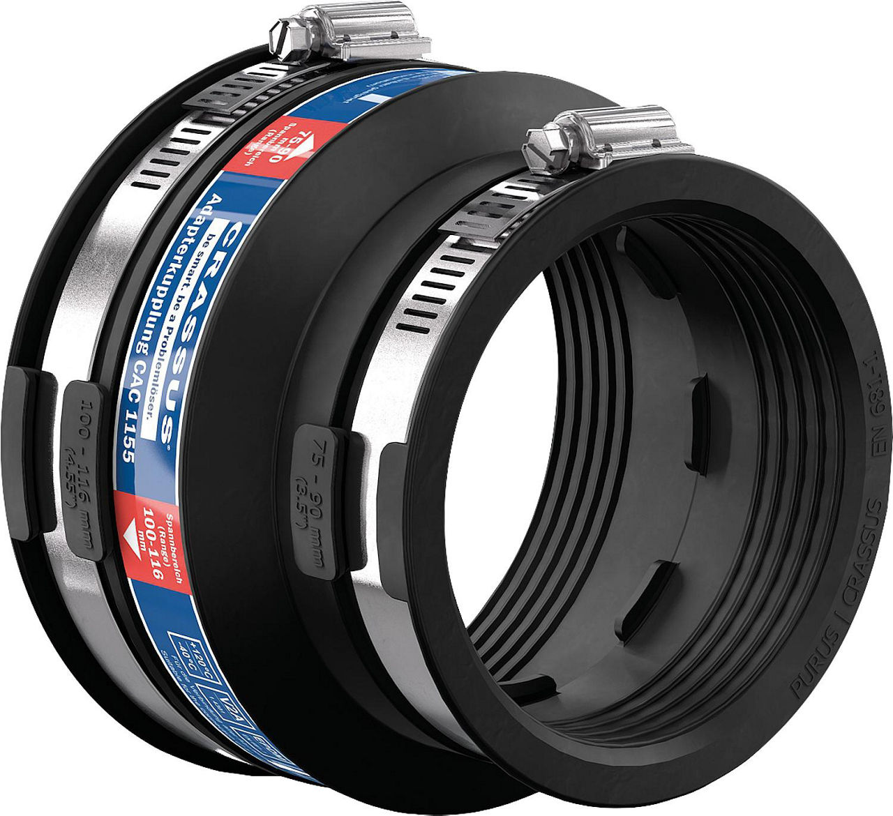 Adapterkupplung CAC 1155 Spannber. 100-116 x 75-90mm EPDM, PN 0,6 bar Adapterkupplung CAC 1155 Spannber. 100-116 x 75-90mm EPDM, PN 0,6 bar