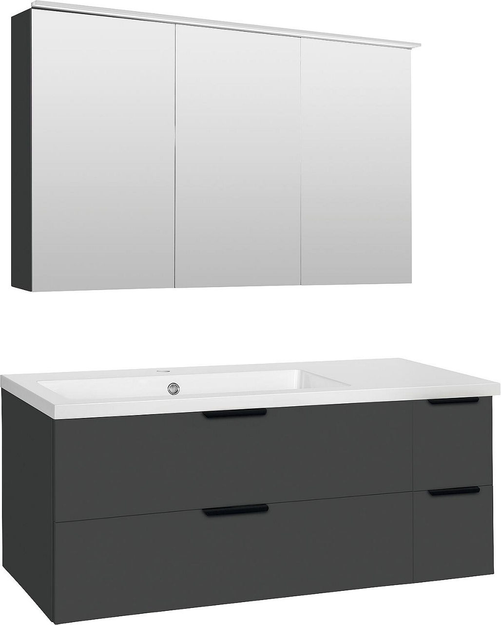 Badmöbel-Set LOSSA mit LED-Spiegelschrank anthrazit Hochglanz 4 Auszüge Breite 1210 mm
