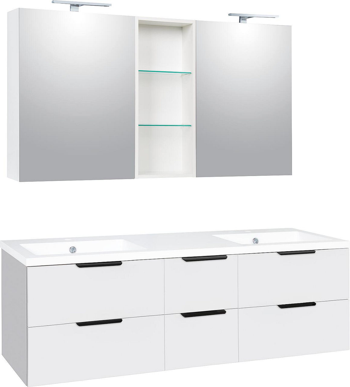 Badmöbel-Set LOSSA mit LED-Spiegelschrank weiß Hochglanz 6 Auszüge Breite 1550 mm